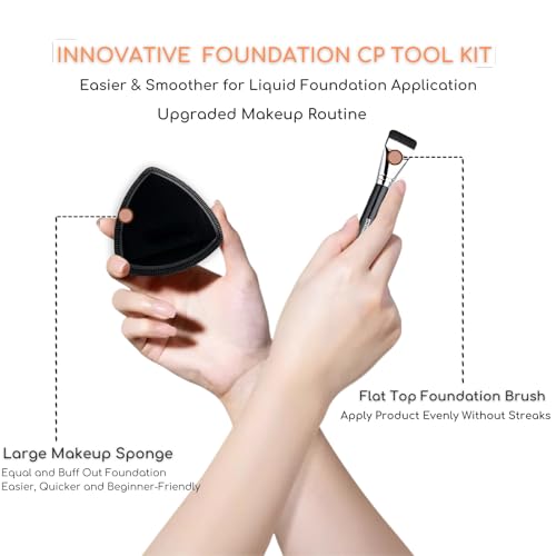 Rubycell Flat Foundation Brush Set with Makeup Sponge & Mixing Palette - Liquid & Cream Face Makeup Tools