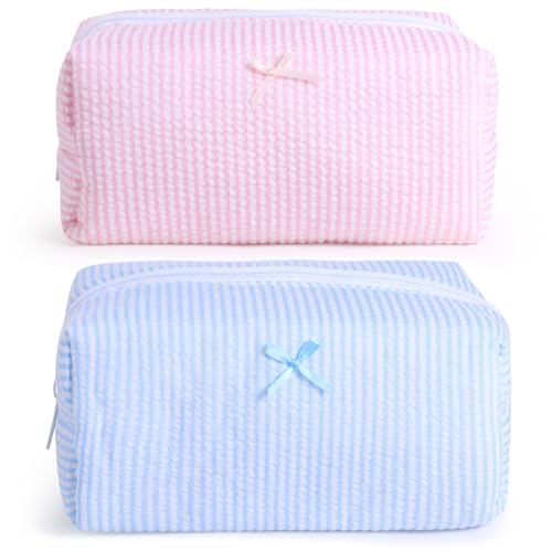 Giesiery Pink & Blue Striped Makeup Bags Set - Travel Cosmetic Organizer for Women