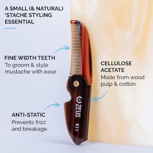 ZEUS Folding Mustache Comb - Handmade Tortoiseshell Pocket Comb for Men