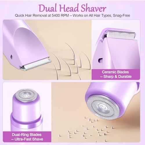 Bikini Trimmer for Women, 2-in-1 Painless Bikini Shaver with Ceramic Blade, Dual-Head Electric Shaver, Ipx7 Waterproof for Shower & Travel, Womens Electric Razor for Armpit Leg Body Facial, Purple