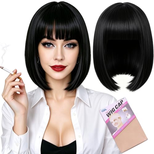 Black 12 Inch Synthetic Bob Wig with Bangs for Women - Nereyda