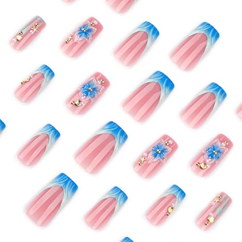 CTTHNBD Blue Flower French Tip Square Press On Nails with Shell Design - Reusable Summer Fake Nails for Women, 24 Pcs