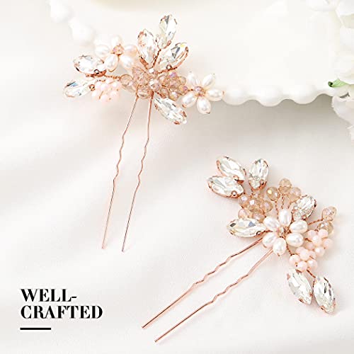 Unicra Bridal Flower Hair Pins - Rose Gold Crystal & Pearl Wedding Clips (2)