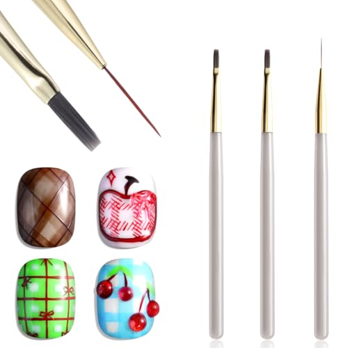 3PCS Nail Art Brush Set for Plaid & Checkerboard Designs