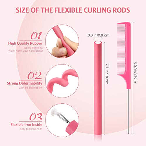 WILLBOND 60 Pcs Flexible Hair Curling Rods No Heat Curlers for Long & Short Hair, Pink 0.3x7 Inches