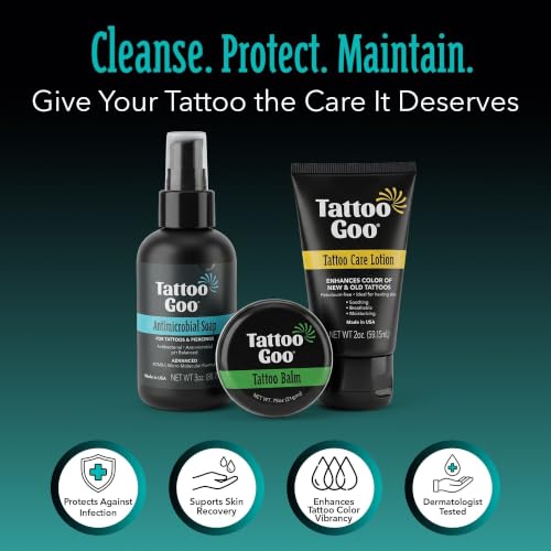 Tattoo Goo 3-Piece Tattoo Aftercare Kit: Antimicrobial Soap, Balm & Lotion