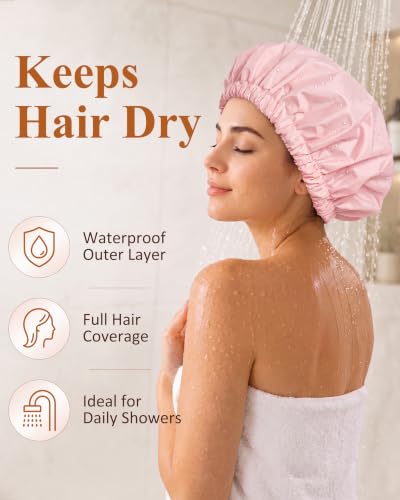 Edoneery Reusable Waterproof Shower Cap for Women Pink & Black