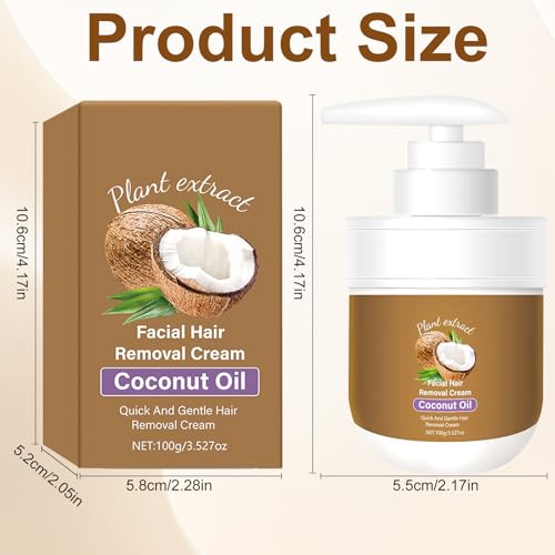 Coconut Oil Facial Hair Removal Cream for Women - Removes Hair From Chin, Upper Lip, Plant Extract, Mild and Non-Irritating (3.52oz)