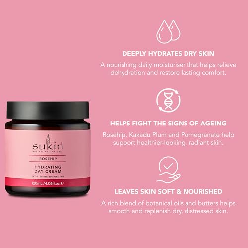 Sukin Hydrating Day Cream with Rosehip – Anti-Aging Moisturizer for Dry Skin, 4.06 Oz