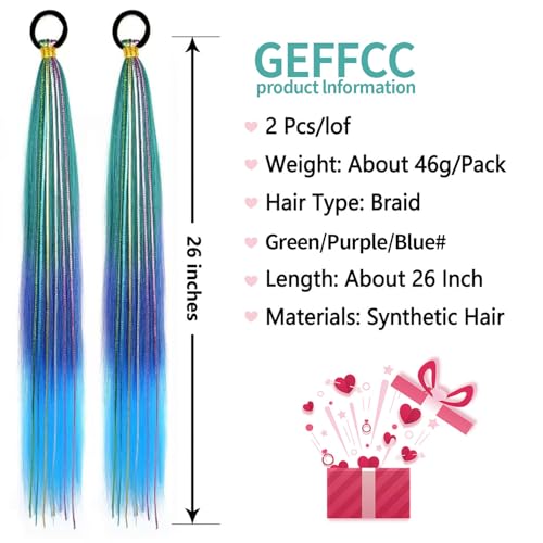 26 Inch Braided Ponytail Extensions - Green/Purple/Blue Synthetic Hair (2 Pack)