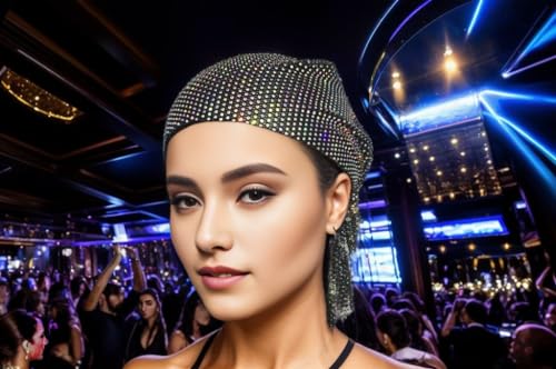 Colorful Black Rhinestone Head Scarf for Women - Sparkly Bling Turban