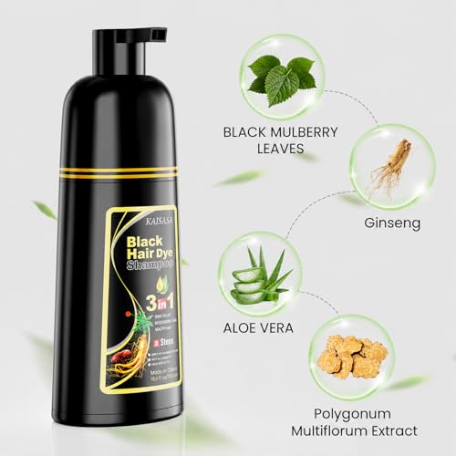 KAISASA Black Hair Dye Shampoo 3-in-1 for Gray Hair - 500ml, Black