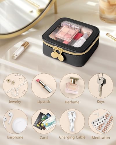 Soimeat Mini Clear Travel Cosmetic Bag - Waterproof Leather Toiletry Organizer, Black