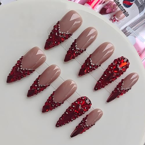 Gleamrain Handmade Stiletto Press on Nails - Burgundy French Tip & Rhinestones