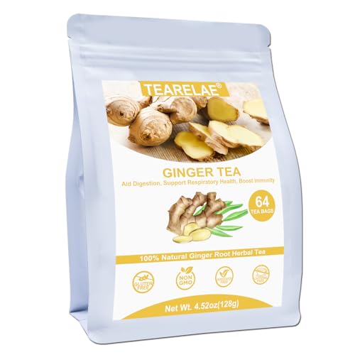 TEARELAE Pure Ginger Tea Bags - 64 Count for Digestion & Respiratory Health