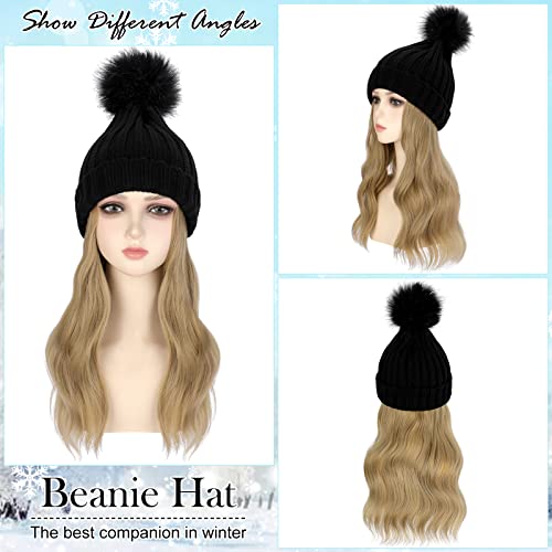 Ash Blonde Wig Beanie Hat with 14" Long Wavy Hair Extensions