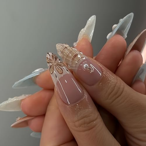 24pcs Almond Shape 3D Seashell Press on Nails - Summer Beach Design