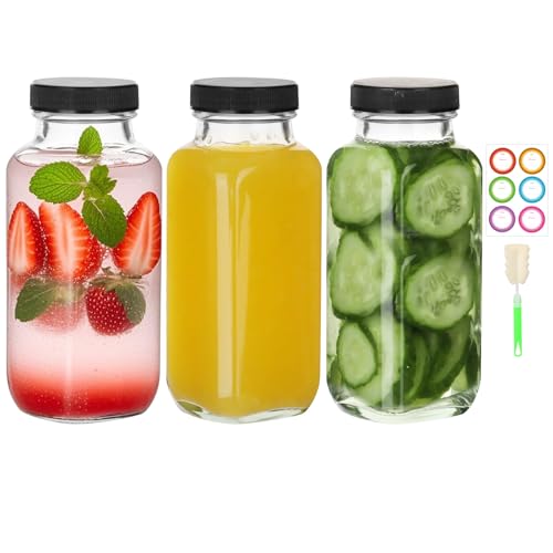 8 oz Glass Juice Bottles - 3 Pack with Lids for Juicing & Smoothies