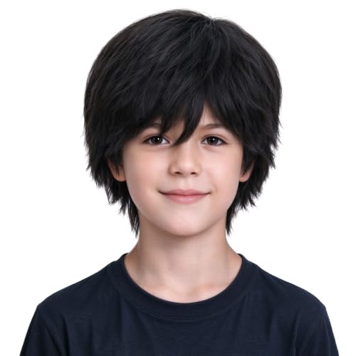 Kids Black Synthetic Wig - Straight with Bangs, Adjustable Cap, 8" Length