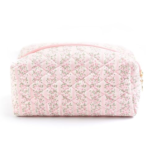 Floral Quilted Makeup Bag - Blossom Blush Pink Travel Cosmetic Pouch