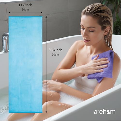 ARCH&M 3-Pack Japanese Exfoliating Shower Towels - Long Body Scrubbers in Red, Yellow, Blue