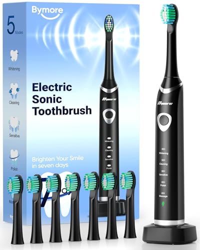 Bymore Sonic Electric Toothbrush with 8 Brush Heads and 5 Cleaning Modes