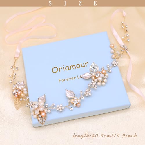 Oriamour Bridal Crystal Headband with Freshwater Pearls - Gold Wedding Hair