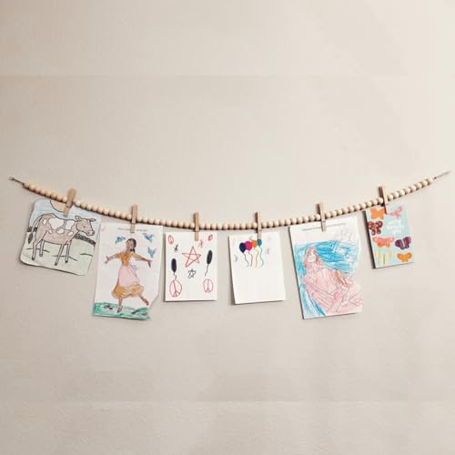 Wood Bead Photo Garland with 7 Clips | 48" Kids Art Display
