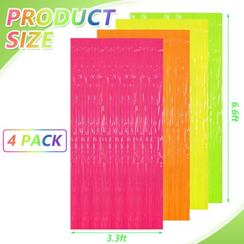 Glow in The Dark Tinsel Curtains - 4 Pack Neon Party Backdrop 3.3 x 6.6 Ft
