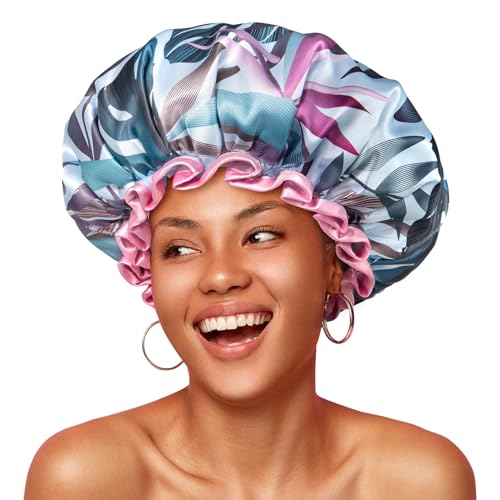 mikimini Adjustable Shower Cap for Women, Waterproof Tropical Print, 2 Pack