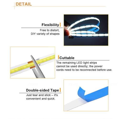 5V USB LED Strip Lights - 3.28FT COB Flexible Light for Cabinet & TV