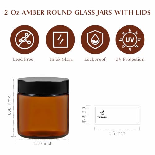 TUZAZO 2 oz Amber Glass Jars with Lids - 12 Pack Airtight Cosmetic Containers