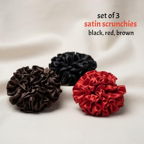 3-Pack Satin Scrunchies for Women - Large Velvety Ruffle Hair Ties, Black Brown Red