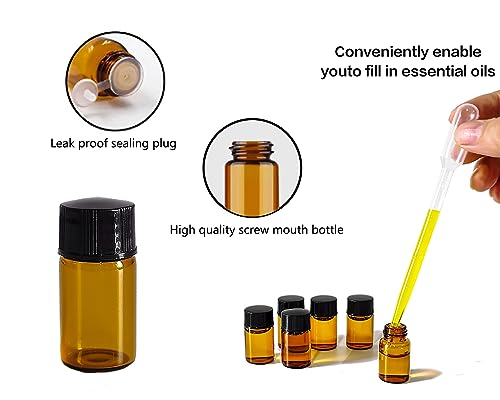 AGENIZ 3ML Amber Essential Oil Sample Bottles Set with Black Screw Caps - 50 Pack