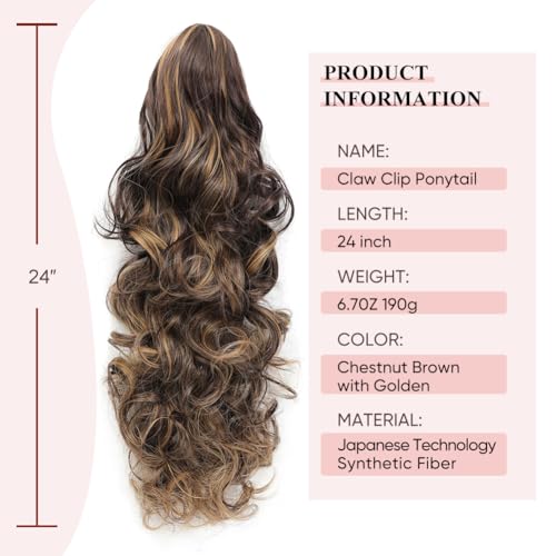 24 Inch Chestnut Brown with Golden Claw Clip Ponytail Extension - Long Curly Wavy Hairpiece