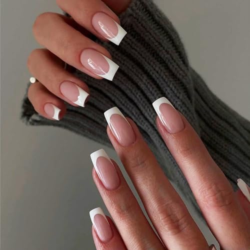 24 Pcs White French Tip Press-On Nails with Glue Stickers
