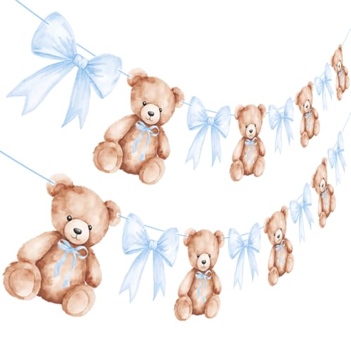 Teddy Bear Baby Shower Banner Set - 2PCS with Blue Bows