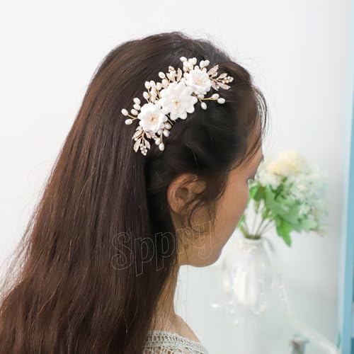 Handmade Pearl Rhinestone Wedding Hair Comb with 3 White Flowers