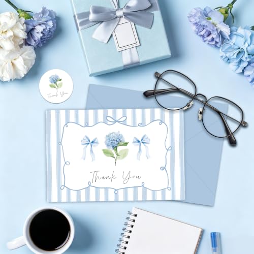 24 Pack Blue Hydrangea Thank You Cards with Envelopes - Elegant Floral Design