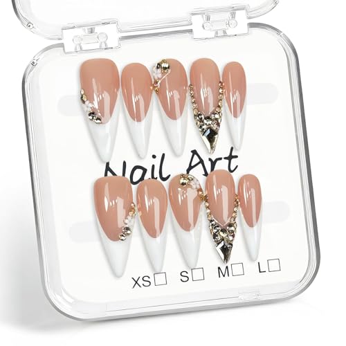 Luxury Handmade Stiletto Press-On Nails S / 083-4 with 3D Rhinestones & French Tip