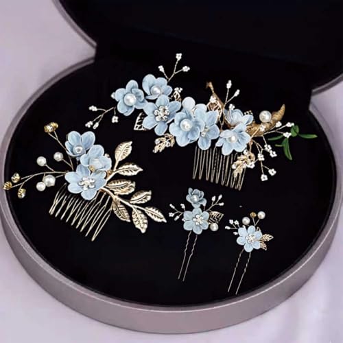 Gold & Blue Pearl Rhinestone Hair Comb for Brides & Bridesmaids