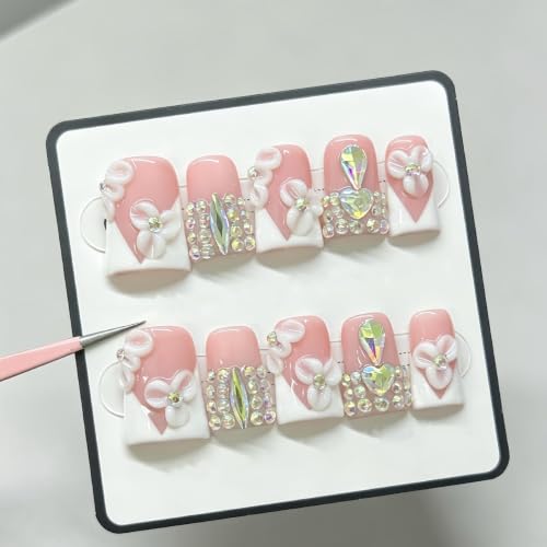 Medium Duck Press on Nails - French White Nude Handmade Rhinestone Nails