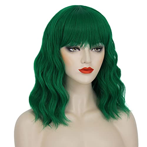 Juziviee Short Green Wavy Bob Wig with Bangs for Cosplay and Parties