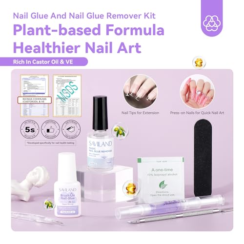 Saviland Professional Nail Glue and Remover Kit with Castor Oil & Vitamin E