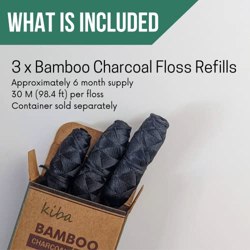 Kiba Bamboo Charcoal Dental Floss Refills - 3 Pack, Vegan Mint
