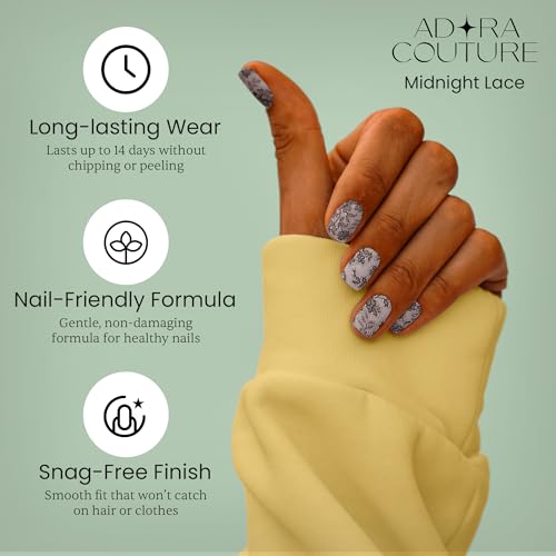 Adora Couture Midnight Lace Semi Cured Gel Nail Strips Kit with UV Light, 20 Pieces