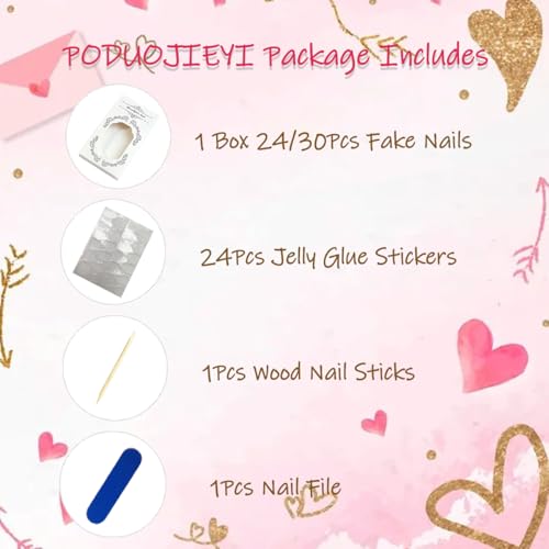 Pink Heart Bow Star-4 Medium Almond Press On Nails with Rhinestones & Pearls, Valentines Fake Nails Set