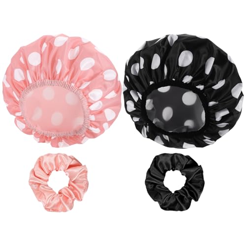 Large Waterproof Shower Cap Set for Women - 2 Packs with Hair Scrunchies