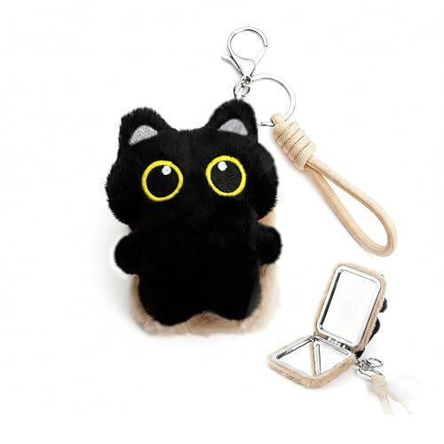 Brown Black Cat Compact Mirror Keychain - Travel Makeup & Bag Charm