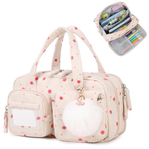 Corduroy Pencil Case with Multiple Compartments - Strawberry Design